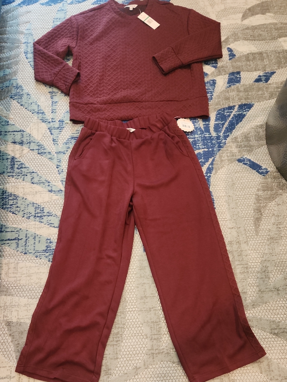 Womens Nanette Lepore Burgundy Quilted Top & Wide-Leg Jumpsuit Set Size Large